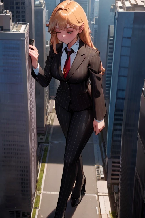 (photorealism:1.2), giant, giant art, giantess, Have a pair of ultra long legs,  heels much lstger than a skyscraper , huge breasts, curvy,  grey pinstriped suit，white tailored shirt, massive red tie, Has ginger waist-length hair，Wearing a pair of platform heels, leaning over tie hanging down, massive tie larger than a skyscraper, A look of enjoyment, Beautiful appearance，very small metropolis, Trying to destroy a miniature metropolis, Full body depiction, nffsw, Giga Giant, Exquisite makeup，quality, Cinema lighting，film grain，8k，textured skin，Super details，high detail，high quality，high resolution, smile