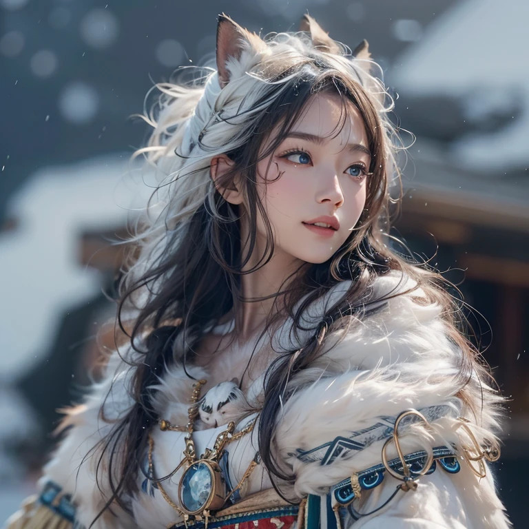 Hiding in the snowy mountains、Hair Flow、 ((Highest quality、masterpiece、8k、Best image quality、Ultra-high resolution、Award-winning works)、(Accurate anatomy:1.1)、(Look at me and smile:1.1)、Shining fair skin with Ultra-high resolution、The most detailed face、Ultra-high resolution detailed face、Ultra-high resolutionの髪の毛、(Ultra-high resolutionの煌めく瞳:1.1)、Beautiful face drawn in every detail、(Blurred Background:1.1)、Ancient Inuit clothing, Chest to chest, tattoo, Old ruins in the background、Apart from the real giant eagle