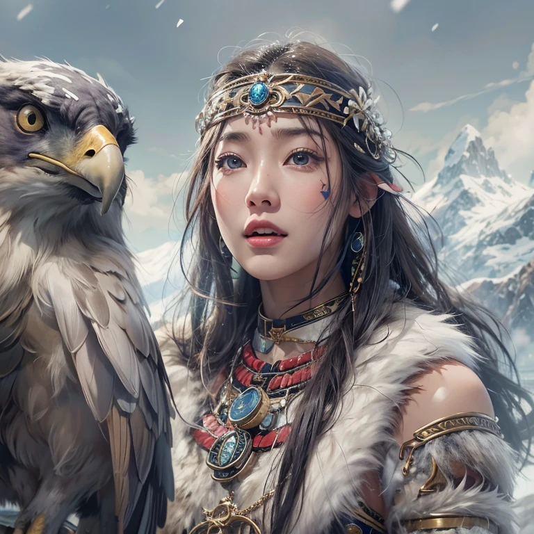 Hiding in the snowy mountains、Hair Flow、 ((Highest quality、masterpiece、8k、Best image quality、Ultra-high resolution、Award-winning works)、(Accurate anatomy:1.1)、(Look at me and smile:1.1)、Shining fair skin with Ultra-high resolution、The most detailed face、Ultra-high resolution detailed face、Ultra-high resolutionの髪の毛、(Ultra-high resolutionの煌めく瞳:1.1)、Beautiful face drawn in every detail、(Blurred Background:1.1)、Ancient Inuit clothing, Chest to chest, tattoo, Old ruins in the background、Apart from the real giant eagle