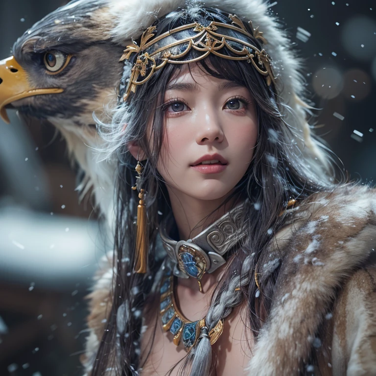 Hiding in the snowy mountains、Hair Flow、 ((Highest quality、masterpiece、8k、Best image quality、Ultra-high resolution、Award-winning works)、(Accurate anatomy:1.1)、(Look at me and smile:1.1)、Shining fair skin with Ultra-high resolution、The most detailed face、Ultra-high resolution detailed face、Ultra-high resolutionの髪の毛、(Ultra-high resolutionの煌めく瞳:1.1)、Beautiful face drawn in every detail、(Blurred Background:1.1)、Ancient Inuit clothing, Chest to chest, tattoo, Old ruins in the background、Apart from the real giant eagle