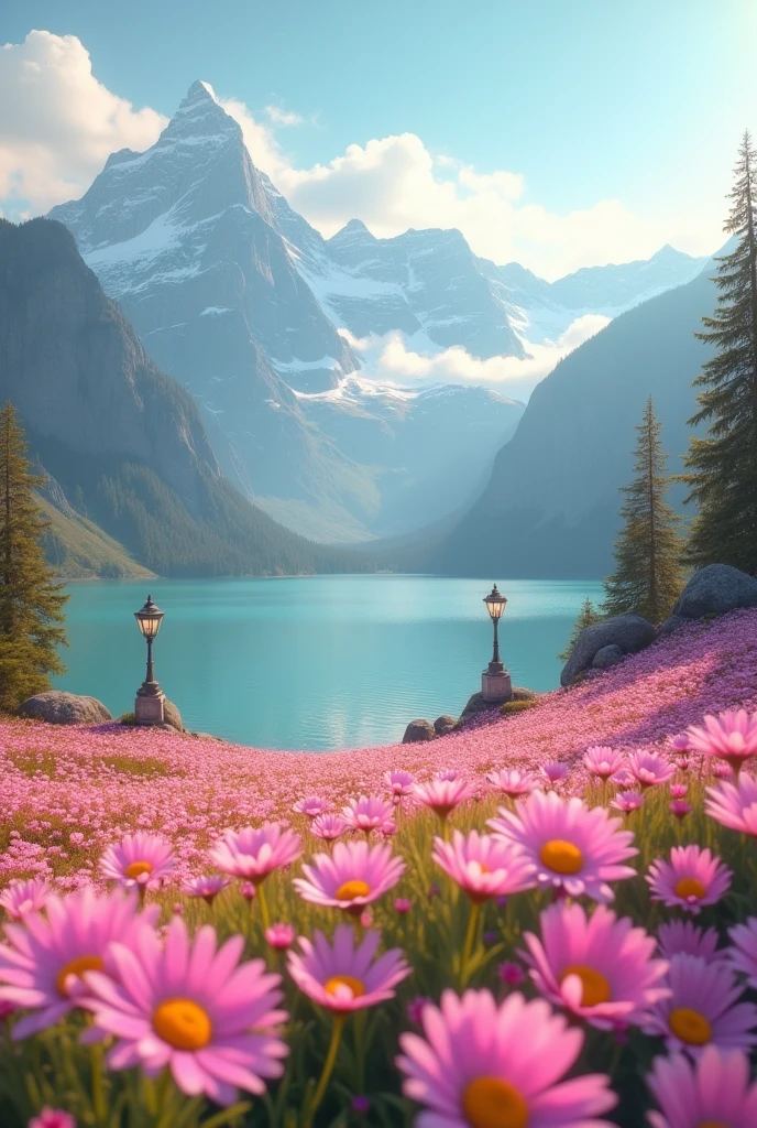 a field of pink flowers next to a body of water, a picture, trending on pexels, digital art, beatiful lights, daisies, beatiful mountain background, 😃😀😄☺🙃😉😗, golden glow, lamps and flowers, 4 0 9 6, iphone background, wallpaper - 1 0 2 4, screensaver, peacefull, wonderful light --ar 9:16