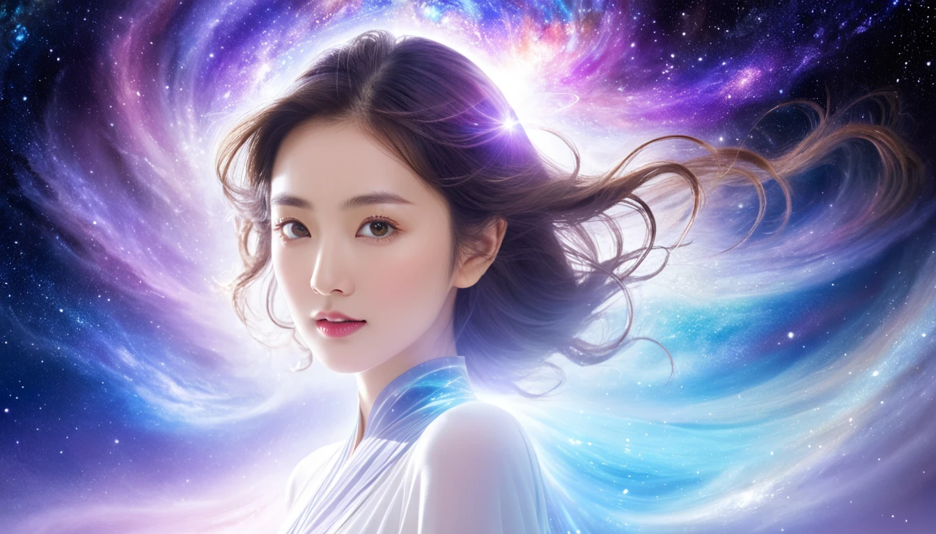 Highest quality,One person, universe,Mind Aura Cleansing,A beautiful woman with a beloved aura,universe空間で浮かぶ