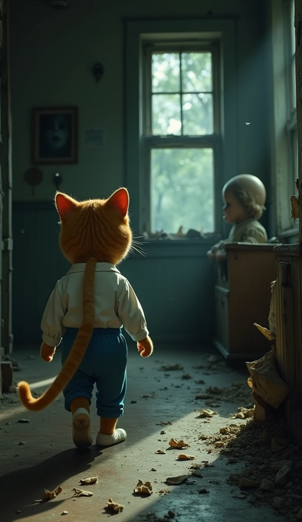 Start with an orange cat wearing white shirt blue pant and wandering through a dimly lit, abandoned house. The camera follows the cat as it slowly pads across the dusty floor. Suddenly, the cat stops and stares at a dark corner where an old, tattered doll is sitting.