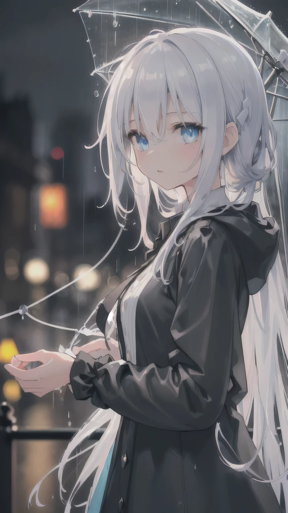 (masterpiece:1.21), (best quality:1.331), ((ultra-detailed)), ((extremely best illustration)), ((amazing)), (hyper quality), Gorgeous and rich graphics,
(extremely delicate and beautiful:1.21), 8k, wallpaper, (extremely beautiful lighting), hard light, delicate composition, (perfect conposition), (extremely beautiful and detailed background:1.21), rembrandt style expression of light and shadow, dark tone, (low-key and high-variance colorscale), ((depth of field)), deep shadow,
dynamic angle, from side, upper body, radial blur,
rain, (city lights, blurry background),
(1girl),(beautiful detailed eyes), clear blue eyes, long and silver french braid hair,
fatigues,
transparent raincoat, wet clothes and wet skin and dripping wet hair,
lens flare, string lights, street,, masterpiece, best quality,