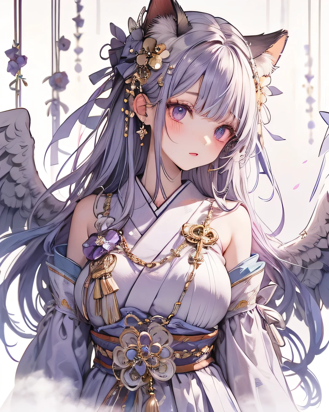 (Highest quality:1.4), High resolution, masterpiece, Detailed, One beautiful woman, Light purple hair, Purple eyes, Beautifully detailed face, Beautiful attention to detail, Mid-chest, Naked thin thighs,, hair ornaments, (red|White Japanese shrine maiden outfit), red面,, lanthanum, shrine,, Detailed face,