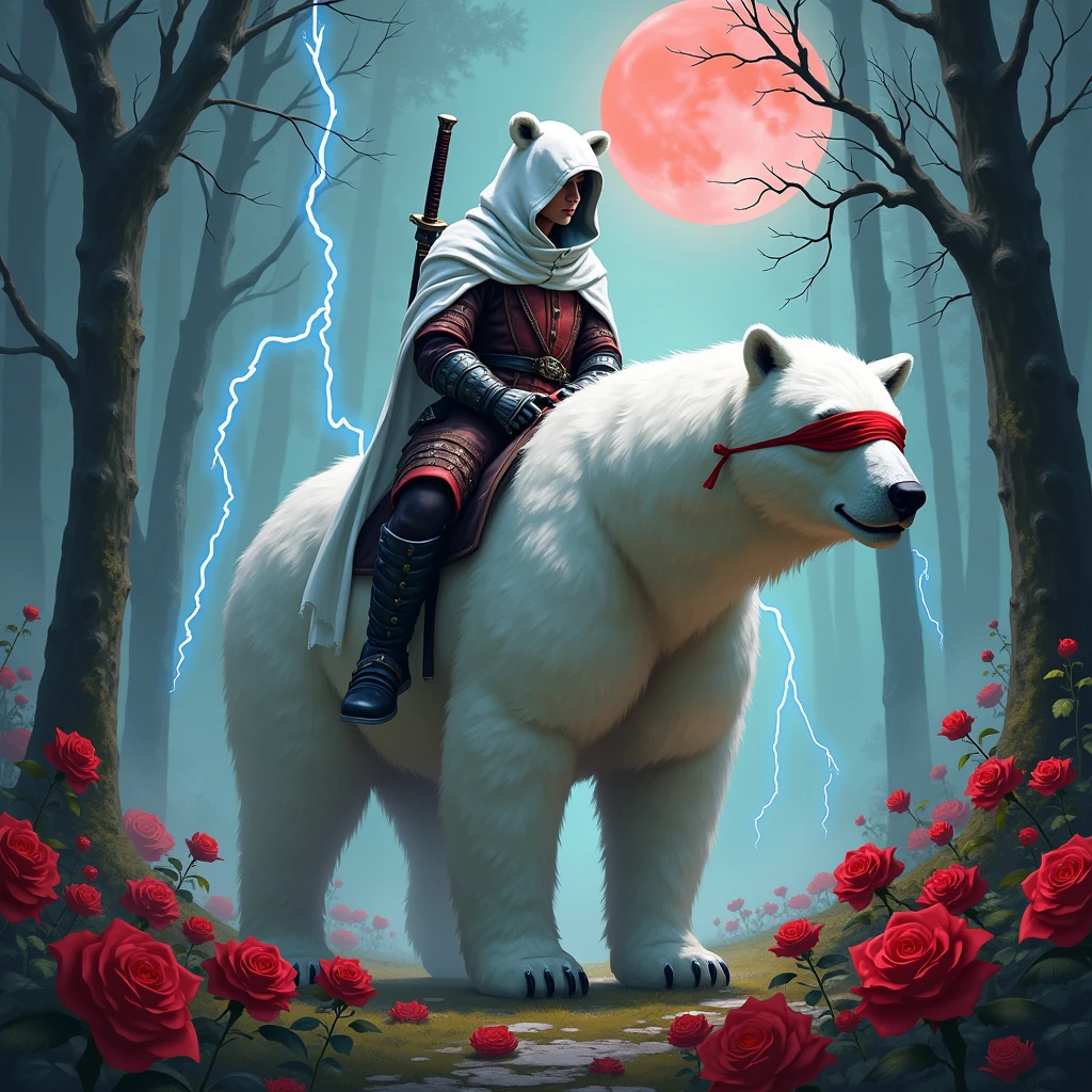 Dynamic picture, in it a male knight with a white hood with bear ears and a katana at his back is riding a polar bear in a forest while the moon shines, many Roses cover the ground and lightning falls from the sky. Only the man wears a red blindfold. In the background of the picture is the blood moon.