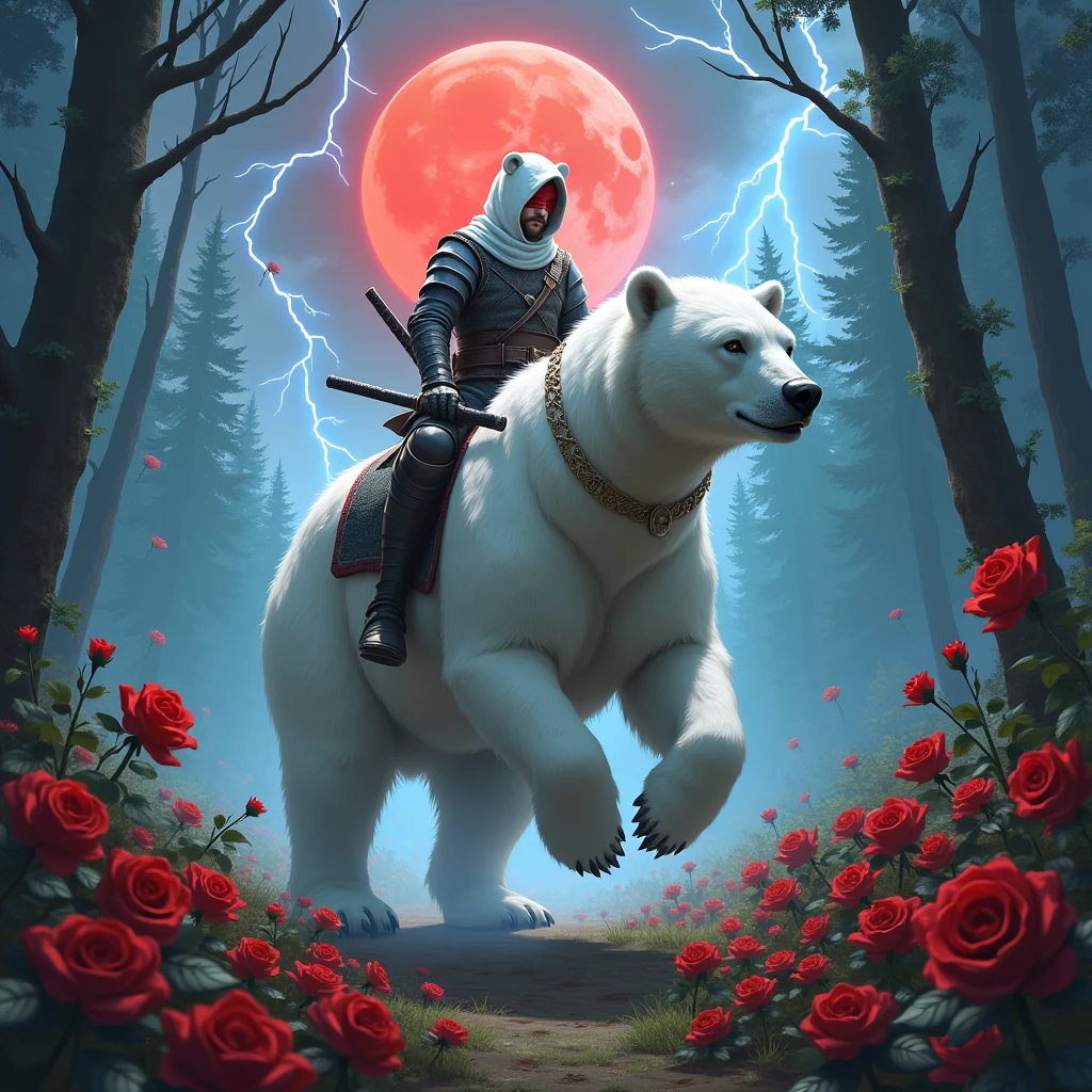 Dynamic picture, in it a male knight with a white hood with bear ears and a katana at his back is riding a polar bear in a forest while the moon shines, many Roses cover the ground and lightning falls from the sky. Only the man wears a red blindfold. In the background of the picture is the blood moon.
