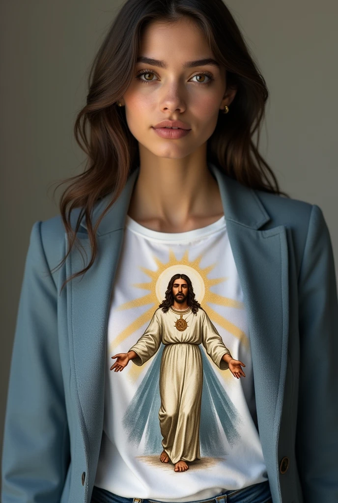 un femme française, 25 ans, en buste qui porte un T-shirt blanc avec une illustration et une veste de type blazer cintré bleu-marine.  l'illustration du T-shirt doit être une image représentant Jésus en gloire, imitant les images pieuse et les tableaux religieux du 19ème siècle, avec des rayons lumineux dont certains pailletés autour du personnage principal