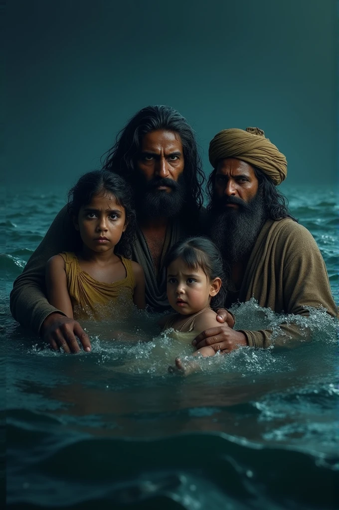 There is a 3 Punjabi man, that man has very long hair, that man is in the sea, that man has two children in his lap, the children are crying, one child is floating in the water. This is night time .