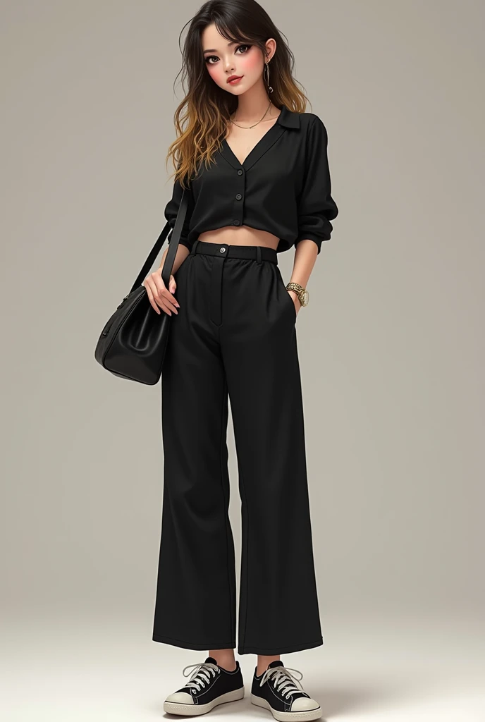 an 1, dark brown hair with blonde tips, eyes browns, 1,57 tall, thin waist with slightly wide hips, big-ass, hair at butt level too, big eyelashes, round face but with a defined chin, small mouth and nose. with clothes, a pair of black wide-leg pants, black blouse, tennis, any shoulder bag
