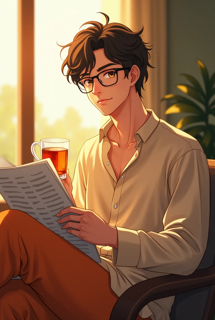 A anime guy aged 22, wearing beige loose kurta that shows his collar bones and burn orange loose full pants sitting on a chair with a transparent cup of tea in one hand and a newspaper on another. 3/4 of his face is looking at us with a warm smile while sunlight hits his face giving his skin a golden glow and making his brown eyes look almost ember. He's wearing glasses. He is not crossing his legs.