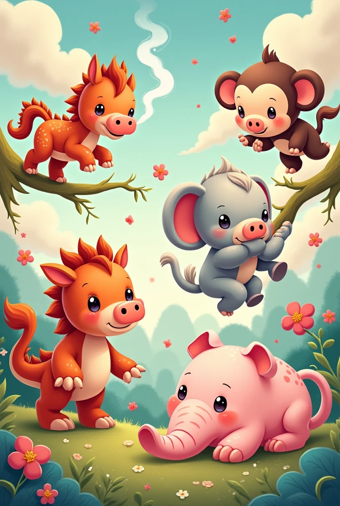 Create me a Chibi image of 5 zodiac animals: Thìn, jealous, Ngọ, trunk, Hợi