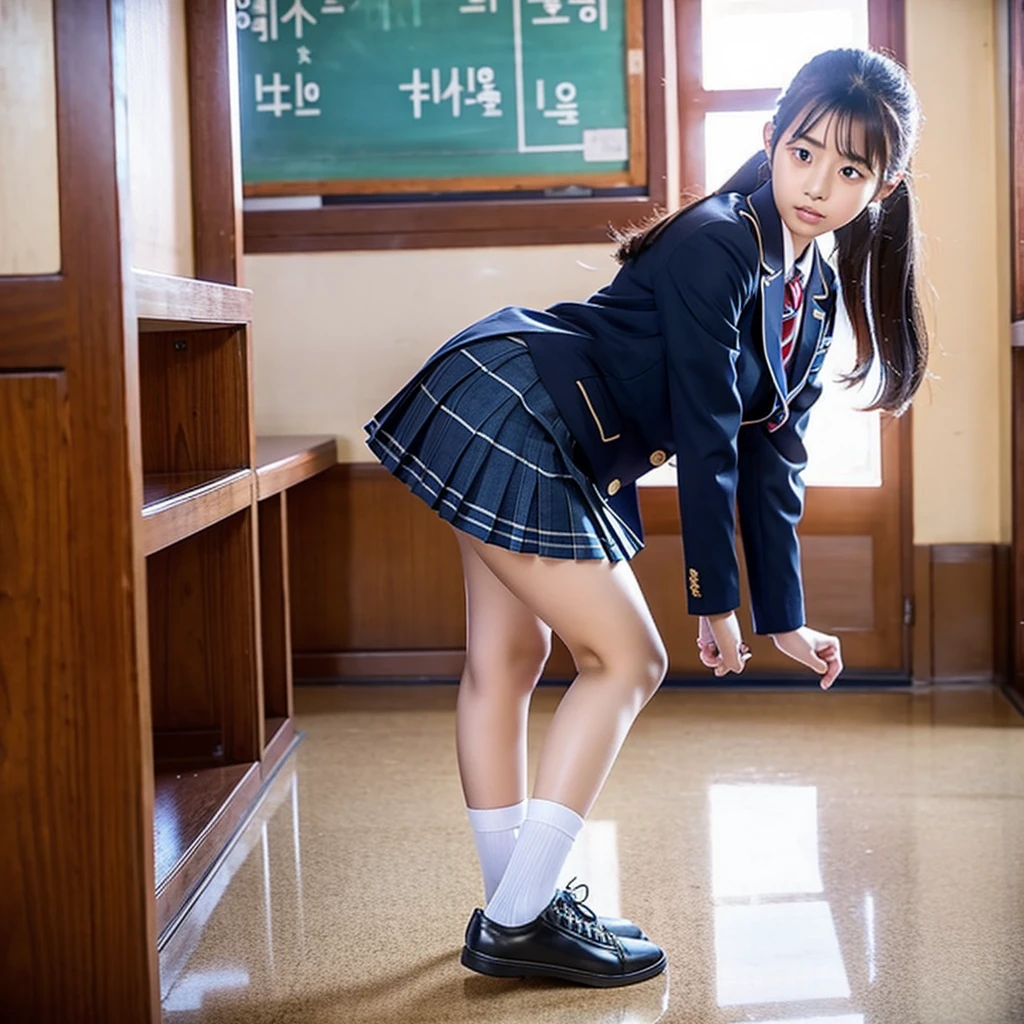Korean junior high school girl, Korean school uniform, Short tight skirt, Inside the school