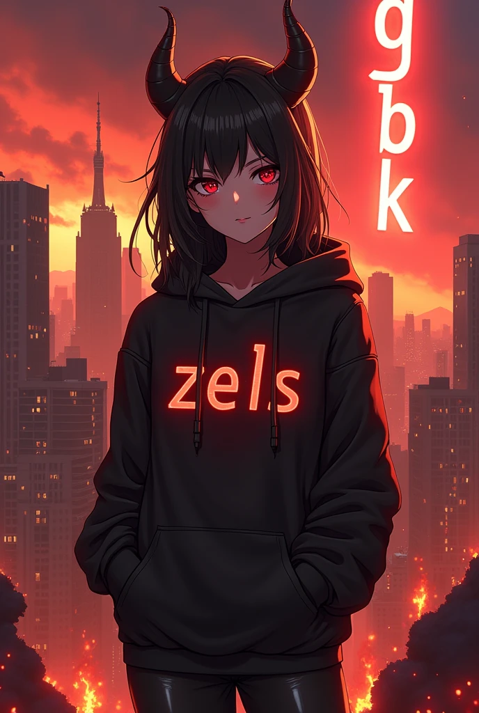 Create anime character;
{background: capital HD text: “GLBK” in right-top, hell}, tanned skin,
realistic, Villain, like half-demon, HDR, beautiful, full body, age 20, hoodie HD text: “Zels”, female