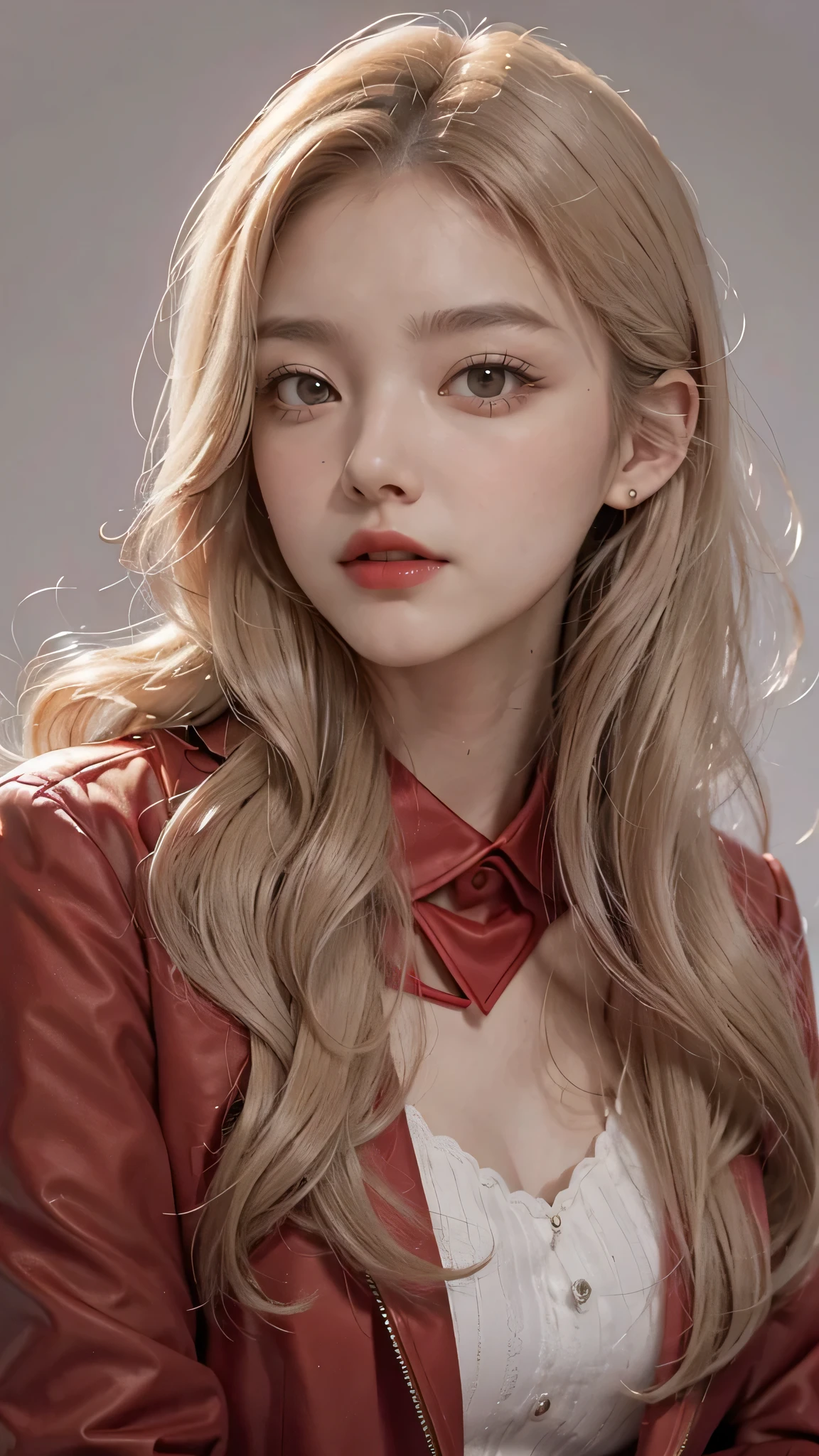 Girl wearing, luxury red coat, shoulder length hair, wavy hair, glowing skin, star in eye, red lips, grey  background, cute poses , upper body, light blonde hair.