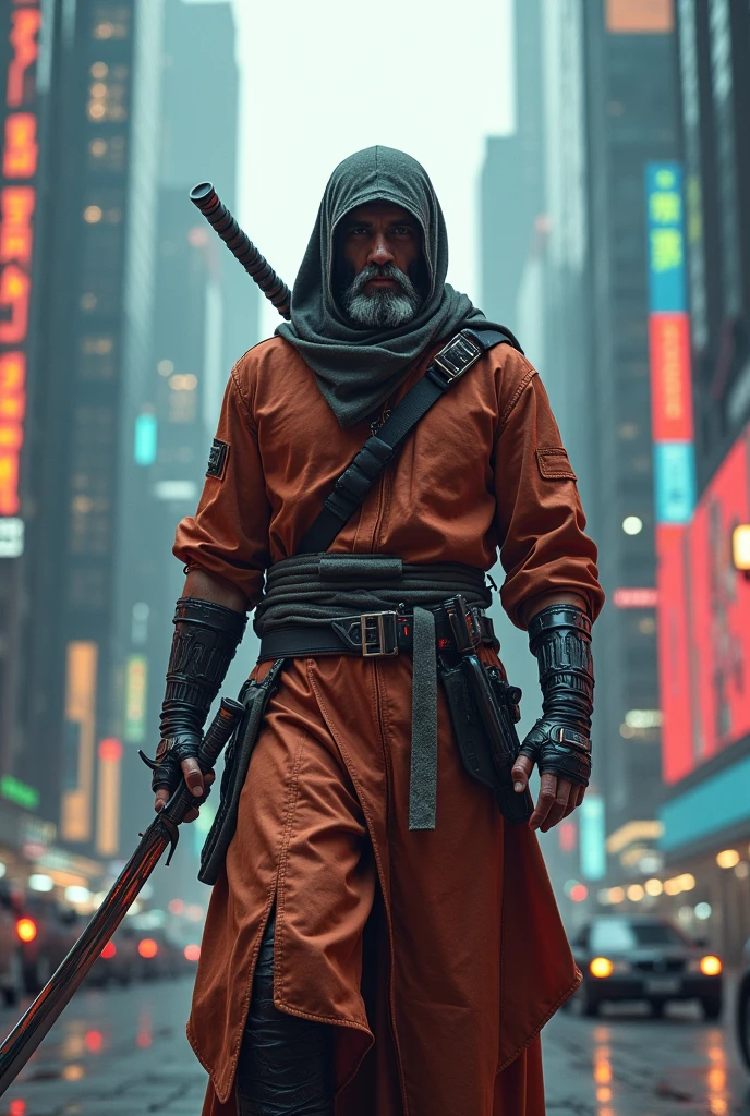 Yemeni man wearing a jambiya, cyberpunk style holding a samurai sword
