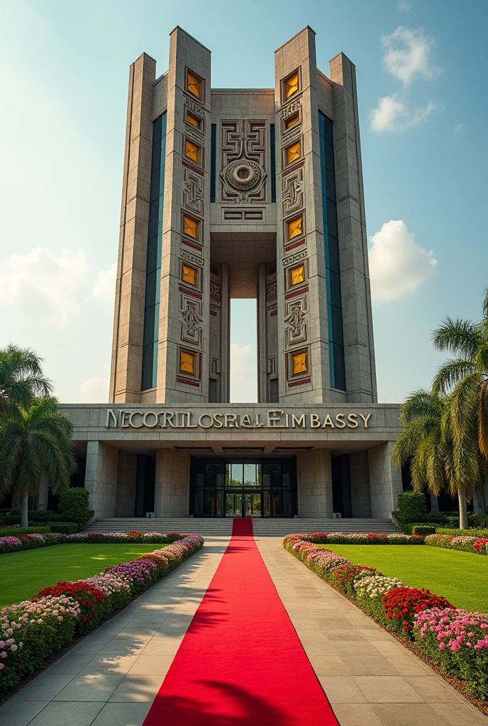 Create a building with  Congolese design,  state design with a full view and a concrete on the building written  NEXUS GLOBAL EMBASSY  on it's own compound with Grass and flowers with red carpet on entrance 