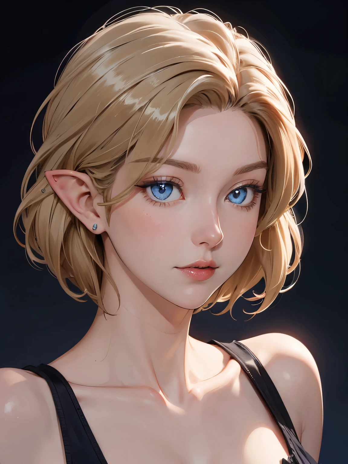 beautiful blond elven woman in her 30s, with blue eyes and striking features, exuding maturity and allure in a seductive pose.(dark-blue background), pointy ears, glowing eyes, beauty, blond medium hair, an14