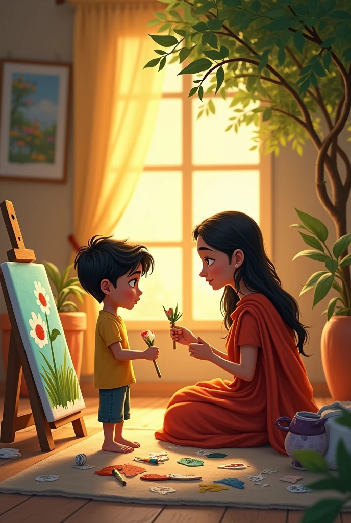 एक बार की बात है, एक छोटा बच्चा था जिसका नाम अर्जुन था। अर्जुन को पेंटिंग का बहुत शौक था, लेकिन उसे लगता था कि वह कभी अच्छी पेंटिंग नहीं बना पाएगा। एक दिन, उसने हार मान ली और अपनी पेंटिंग्स फेंक दीं।
अर्जुन की माँ ने यह देखा और उससे कहा, "बेटा, क्या तुम जानते हो कि सबसे खूबसूरत पेड़ भी एक छोटे से बीज से उगता है? अगर वह बीज सोचता कि मैं कभी बड़ा नहीं बन सकता, तो क्या वह पेड़ बन पाता?"
यह सुनकर अर्जुन समझ गया कि उसे अपने छोटे-छोटे प्रयासों को नहीं छोड़ना चाहिए। उसने फिर से पेंटिंग शुरू की, और धीरे-धीरे उसकी पेंटिंग्स बेहतर होने लगीं।