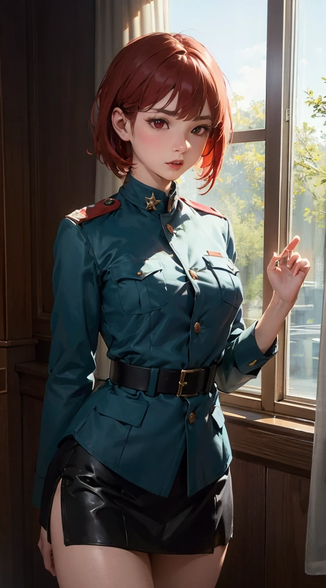 Estilo 1940、she is standing (1 cinta)、(tmasterpiece、topo Quoridade、ruiva, melhor qualidade、Beauty and Aesthetics、1.2)、German military uniform sexy、vibrante com cores、uniforme de camuflagem sexy、Armado com arma de fogo