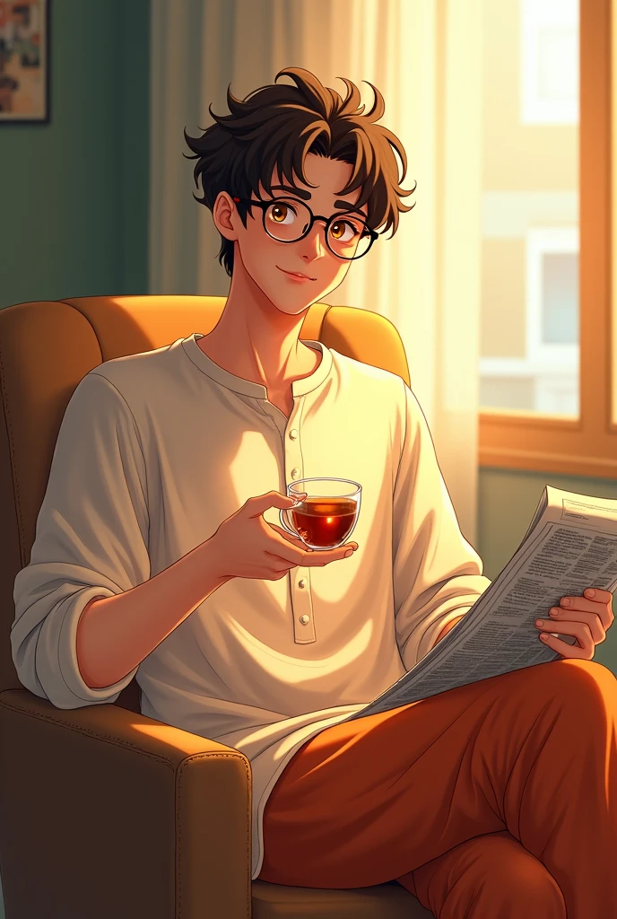 A anime guy aged 22, wearing beige loose kurta that shows his collar bones and burn orange loose full pants sitting on a chair with a transparent cup of tea in one hand and a newspaper on another. 3/4 of his face is looking at us with a warm smile while sunlight hits his face giving his skin a golden glow and making his brown eyes look almost ember. He's wearing glasses. He is not crossing his legs.