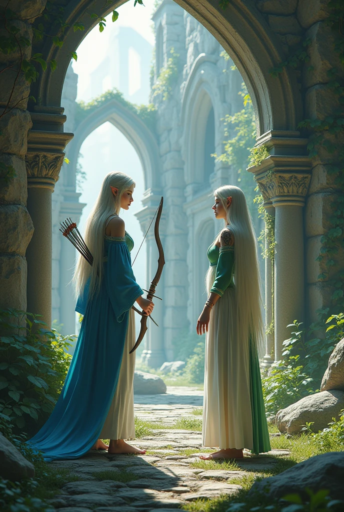 Full body portrait. A very beautiful adult female elf, wearing blue and white clothes while carrying a bow. The background is her entering into the ruins of a magnificent castle. And met a very beautiful adult female elf wearing green and white clothes. This scene is a very detailed and professional 3D digital art. Game art. 64k resolution