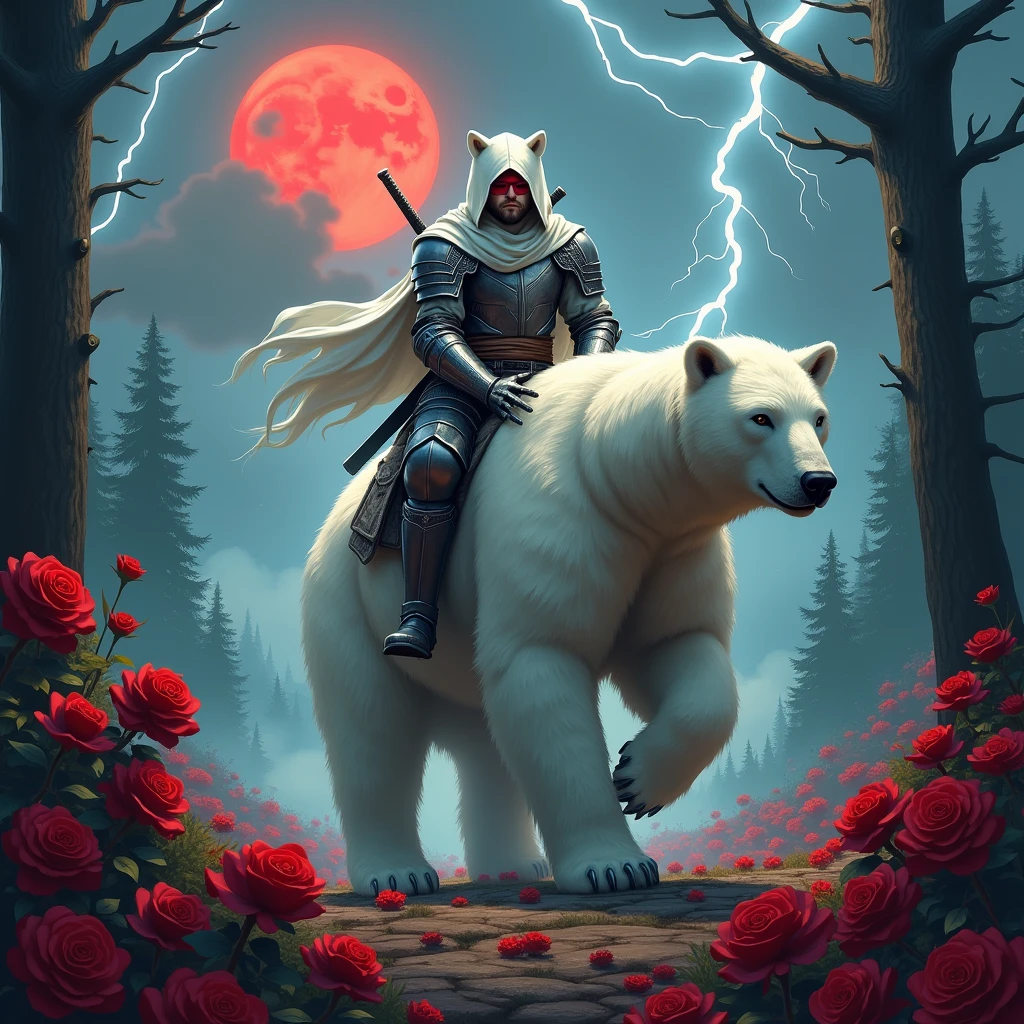 Dynamic picture, in it a male knight with a white hood with bear ears and a katana at his back is riding a polar bear in a forest while the moon shines, many Roses cover the ground and lightning falls from the sky. Only the man wears a red blindfold. In the background of the picture is the blood moon.