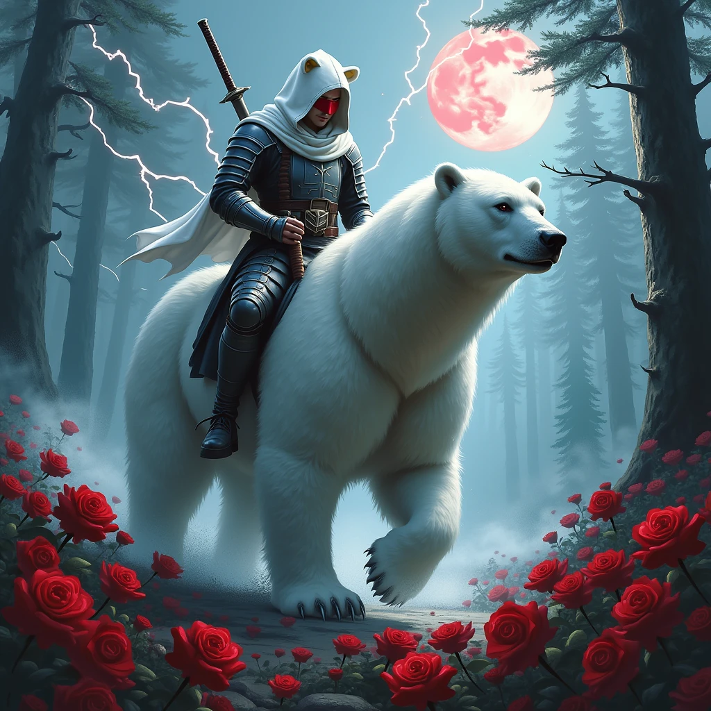 Dynamic picture, in it a male knight with a white hood with bear ears and a katana at his back is riding a polar bear in a forest while the moon shines, many Roses cover the ground and lightning falls from the sky. Only the man wears a red blindfold. In the background of the picture is the blood moon.