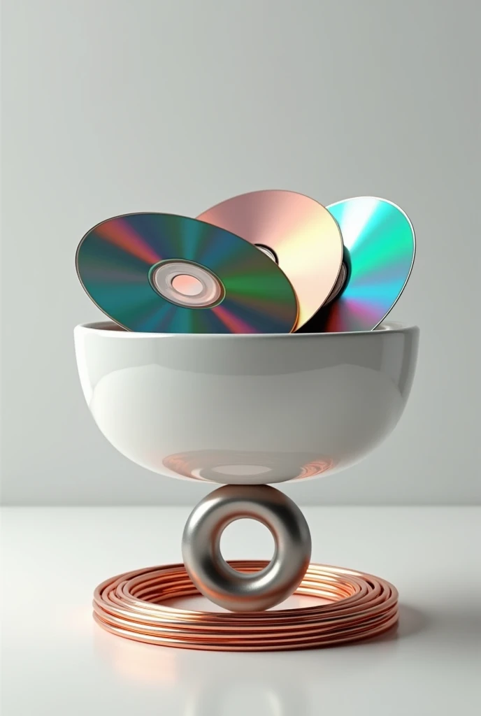 A bowl with cd's on it and underneath a copperwire coiled on a neodymium magnet