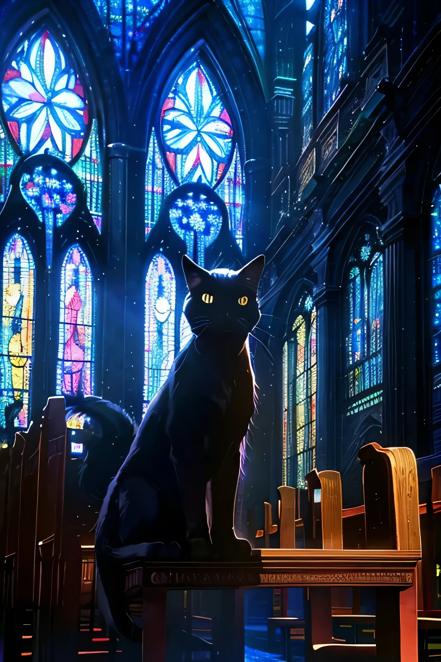 A black kitten sits in front of a large stained glass window in a church、Cute kitten with big Blue eyes、Colorful beautiful stained glass、((Black cat with big Blue eyes))、Contrast between stained glass and black cat、Beautiful color contrast、Artistic balance of black and color、The highest masterpiece、High resolution, masterpiece, retina, Illustration, Anime Style, Renaissance, Romanticism, Blue eyes, High resolution, Decorative art, digital art, photomosaic,