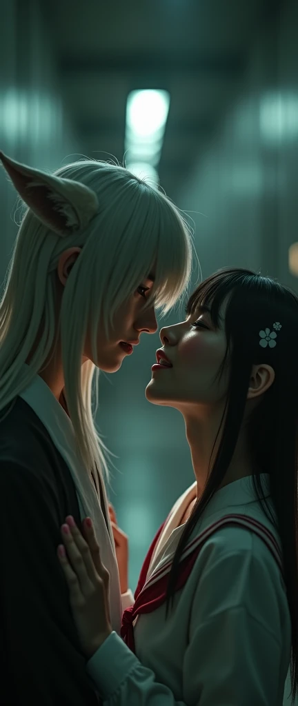 (32K:1.9, Highest quality, masterpiece, Ultra-high resolution), Perfect dynamic composition:1.3, Highly detailed skin and facial textures:1.3, Cute sexy slim Japanese schoolgirl, Tall and slim man, (They both close their eyes, Man hugging woman:1.3), Fair skin, ((Clarity:1.1)), (Man is anime「幽☆遊☆白書」Nine-tailed fox in white costume:1.5, Long silver-blonde hair, beautiful目:1.3), (The woman is wearing a uniform with a red tie:1.3, Straight black hair.:1.3, smile:0.9, A man completely charms a woman:0.9, beautiful Blue Eyes, beautiful, Clear Eyes:0.8), Sexy Face:0.4, blush:1.1, (beautifulエロティシズムを醸し出す雰囲気:0.8), Professional random camera work, Cinematic Lighting Effects, (Full Body Shot), (Too erotic), romantic, mysterious, Object of admiration, original, dramatic, artistic, Innovative, charm, Heartful, Fancy, Tilt, sense of loss, special, exciting, Extreme, sense of openness, joy, joyの表現, ((若さのcharm, 女性的なcharm))