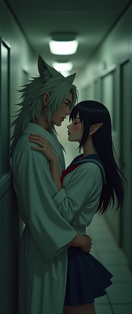 (32K:1.9, Highest quality, masterpiece, Ultra-high resolution), Perfect dynamic composition:1.3, Highly detailed skin and facial textures:1.3, Cute sexy slim Japanese schoolgirl, Tall and slim man, (They both close their eyes, Man hugging woman:1.3), Fair skin, ((Clarity:1.1)), (Man is anime「幽☆遊☆白書」Nine-tailed fox in white costume:1.5, Long silver-blonde hair, beautiful目:1.3), (The woman is wearing a uniform with a red tie:1.3, Straight black hair.:1.3, smile:0.9, A man completely charms a woman:0.9, beautiful Blue Eyes, beautiful, Clear Eyes:0.8), Sexy Face:0.4, blush:1.1, (beautifulエロティシズムを醸し出す雰囲気:0.8), Professional random camera work, Cinematic Lighting Effects, (Full Body Shot), (Too erotic), romantic, mysterious, Object of admiration, original, dramatic, artistic, Innovative, charm, Heartful, Fancy, Tilt, sense of loss, special, exciting, Extreme, sense of openness, joy, joyの表現, ((若さのcharm, 女性的なcharm))