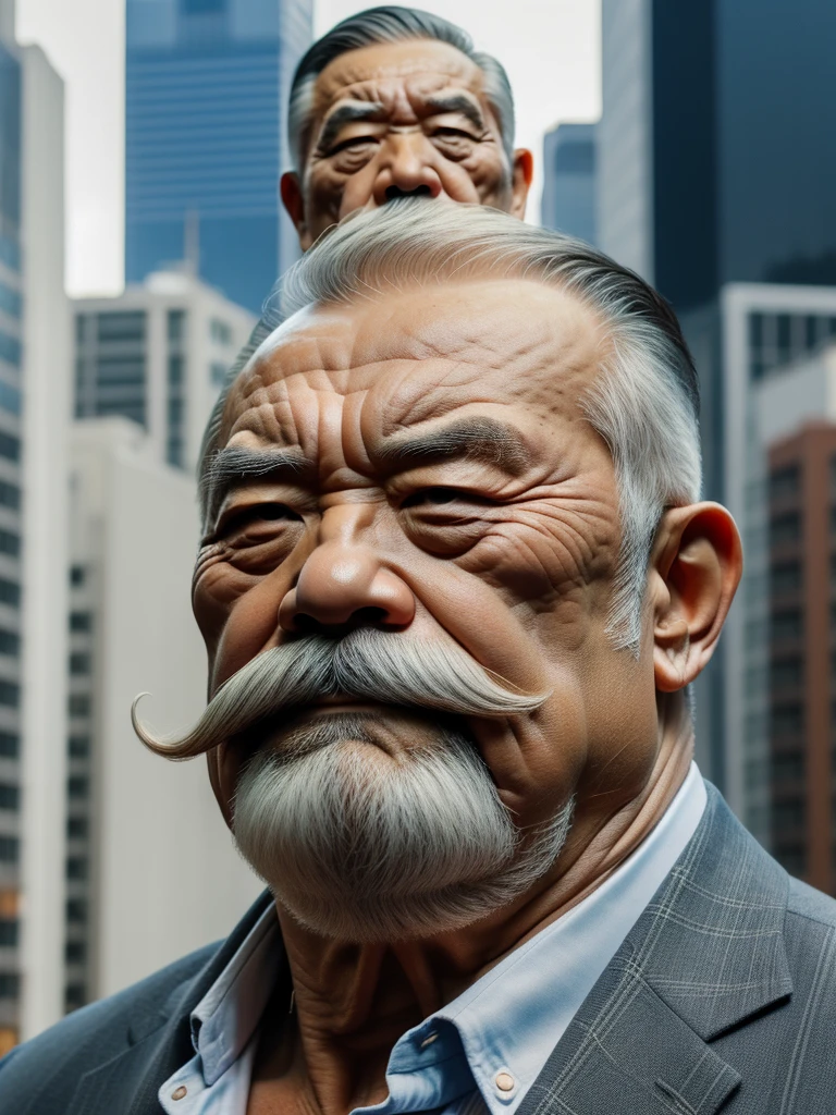 a muscular old man, thick mustache, bearded, japanese man ,wearing a suit, standing in a city background, (best quality,4k,8k,highres,masterpiece:1.2),ultra-detailed,,detailed wrinkles,detailed facial features,detailed texture