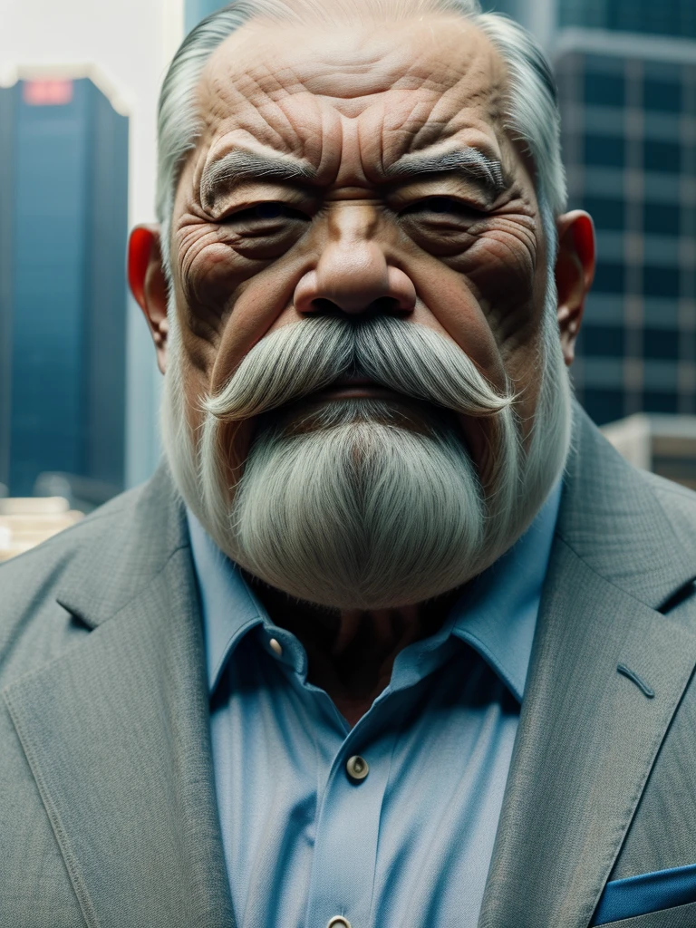 a muscular old man, thick mustache, bearded, japanese man ,wearing a suit, standing in a city background, (best quality,4k,8k,highres,masterpiece:1.2),ultra-detailed,,detailed wrinkles,detailed facial features,detailed texture