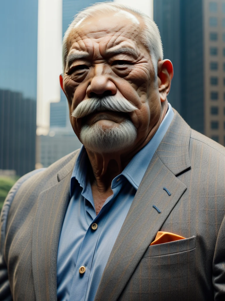 a muscular old man, thick mustache, bearded, japanese man ,wearing a suit, standing in a city background, (best quality,4k,8k,highres,masterpiece:1.2),ultra-detailed,,detailed wrinkles,detailed facial features,detailed texture