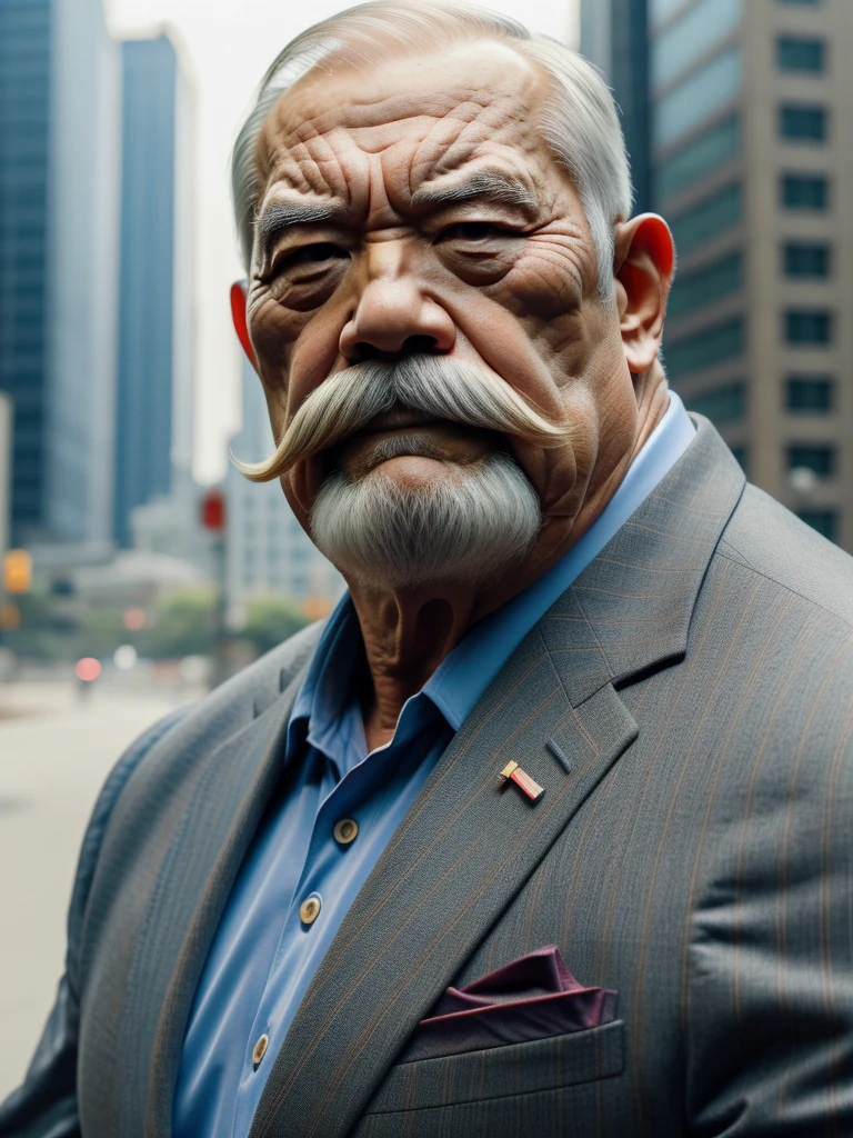 a muscular old man, thick mustache, bearded, japanese man ,wearing a suit, standing in a city background, (best quality,4k,8k,highres,masterpiece:1.2),ultra-detailed,,detailed wrinkles,detailed facial features,detailed texture