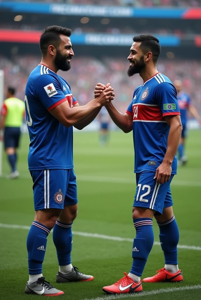 A muscular Iranian football player with hairy chest hair and beard, in the blue uniform of the El Salvador national football team, shaking hands with the Brazilian player wearing the Brazilian national football team uniform. Detailed image of the El Salvador national football team uniform. The uniform is expected to include a vibrant blue shirt with white details and the Salvadoran Football Federation crest on the chest.. The shirt must have a modern design, co