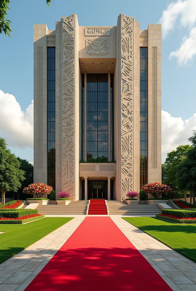 Create a building with  Congolese design,  state design with a full view and a concrete on the building written  NEXUS GLOBAL EMBASSY  on it's own compound with Grass and flowers with red carpet on entrance 