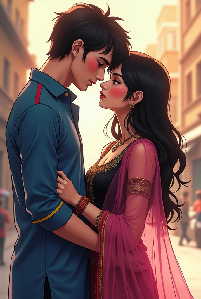 Make anime couple sex scenes: ladka aur ladki 10th standard me hai. jisme ladke ne blue shirt pehna hai , jispe red aur yellow lines pehni hai. Ladki ne backless black Indian , full sleeve, long , tight kurta pehna hai aur left shoulder par transparent pink dupatta pehna hai jispe beautiful design hai. Dono ek dusre se chipke hue hai. Dono ek dusre ko lip kiss kar rahe hai. Ladki ka dupatta lehra Raha hai.ladke ne ladki ki kamar ko tightly pakad rakha hai, dono ek dusre se chipke hue hai aur sex kar rahe hai.