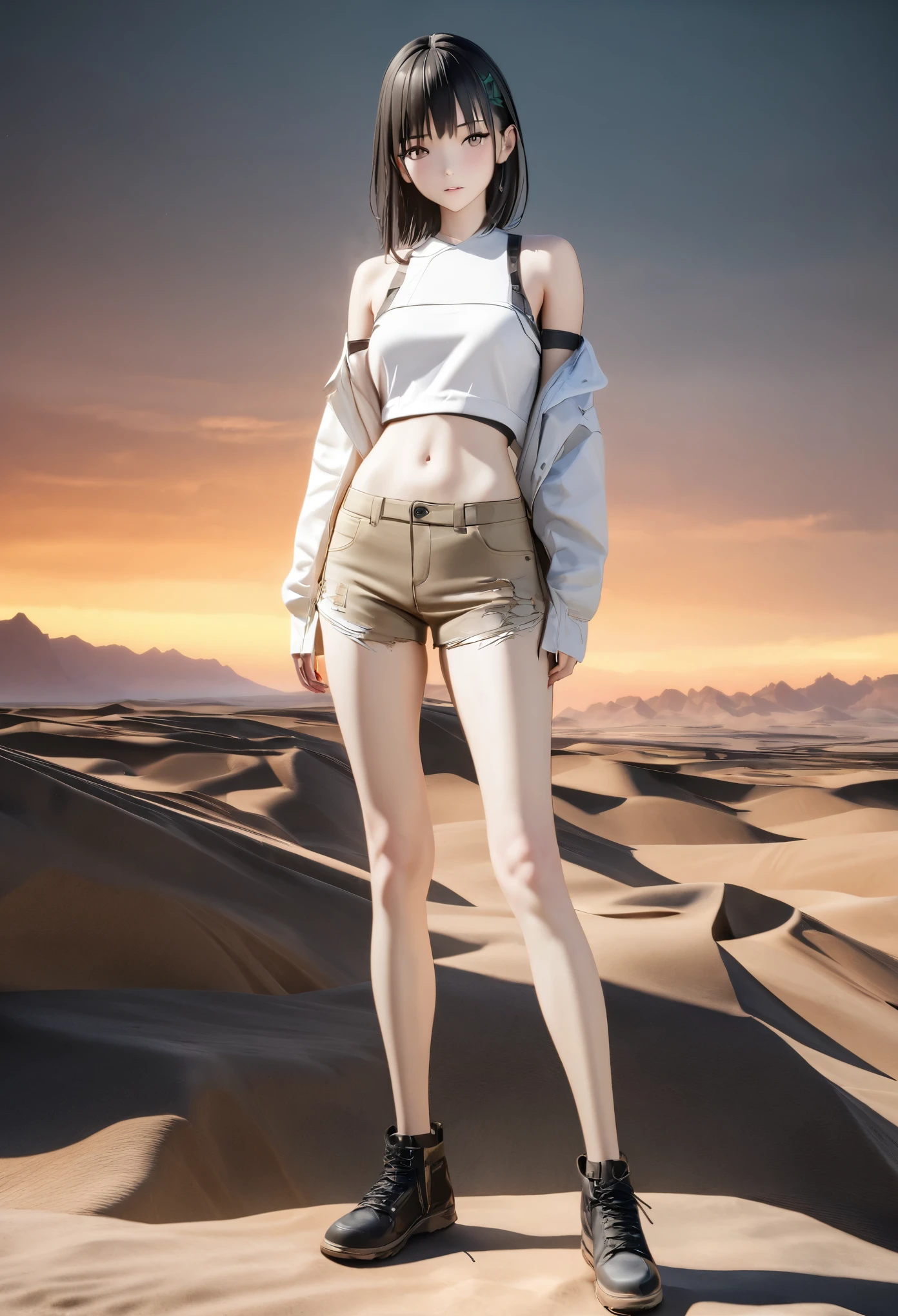 DIY16,best quality, 超HD, masterpieces, 8K, Practical, Anime style, 3D Rendering,masterpiece,need,lifelike,Bare lower abdomen,Sexy,bandage,Layering,Hollow,Full body image,Feral,Khaki washed distressed shorts,Black hair,Open shoulders,Layering,Long legs,,Wasteland Punk Style,desert,The details of wind and dust are complex,,HD,Photography Lighting,16K(Pond in the evening:1.2), (8K, best quality, masterpiece:1.2), (Ultra-high resolution:1.0), Extremely bright design, Soft colors, (ink:1.3), Autumn Lights, High Detail, dramatic, photoPractical painting art