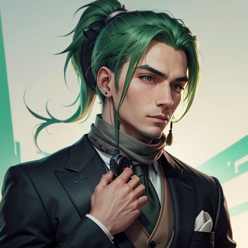 A man with green hair holding a rice ball、Ponytail and headphones、A scarf wrapped around a suit、