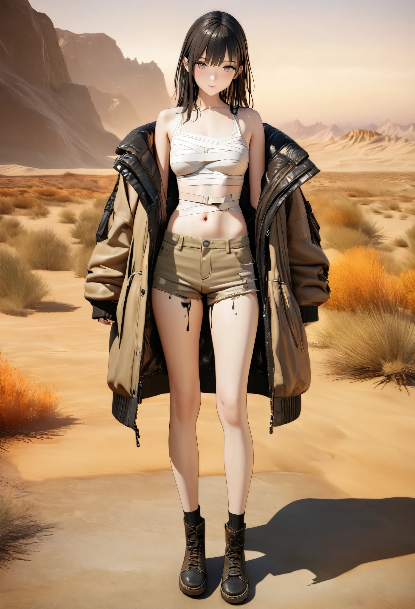 DIY16，best quality, 超HD, masterpieces, 8K, Practical, Anime style, 3D Rendering，masterpiece,need,lifelike，Bare lower abdomen，Sexy，bandage，Layering，Hollow，Full body image，Feral，Khaki washed distressed shorts，Black hair，Open shoulders，Layering，Long legs，，Wasteland Punk Style，desert，The details of wind and dust are complex，，HD，Photography Lighting，16K(Pond in the evening:1.2), (8K, best quality, masterpiece:1.2), (Ultra-high resolution:1.0), Extremely bright design, Soft colors, (ink:1.3), Autumn Lights, High Detail, dramatic, photoPractical painting art
