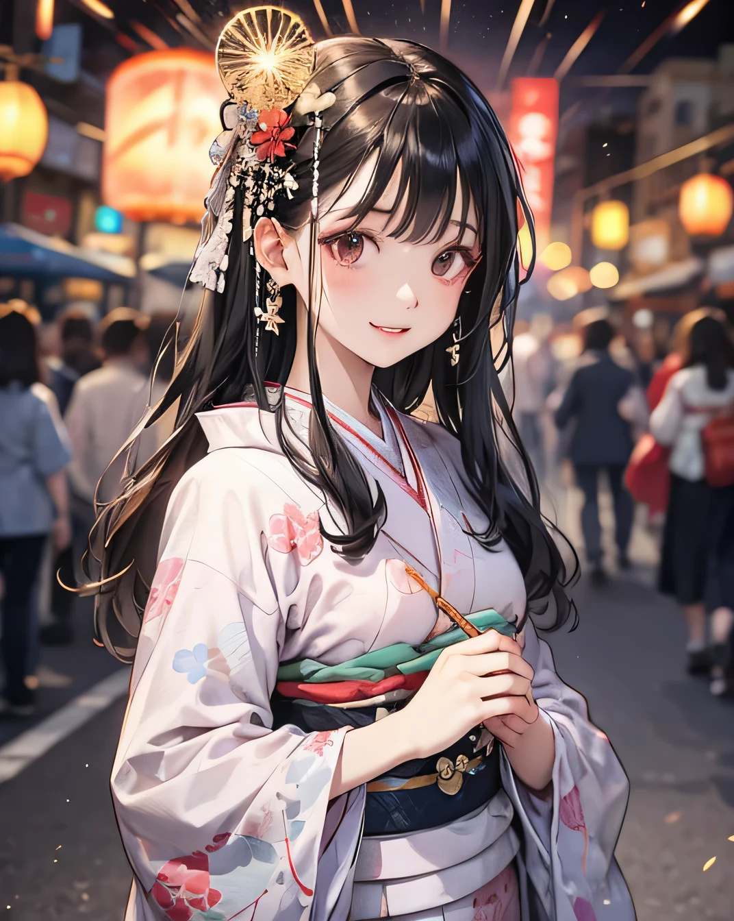Looking at the camera,(((Highest quality, 8k, masterpiece))), Sharp focus, (Beautiful woman with perfect figure), thin, (Hairstyle: upper)), ((kimono)), street, Highly detailed face and skin texture, Detailed eyes ,double eyelid random posture, (smile), Beautiful Japanese Woman, Realistic Face, double eyelid, smile, Summer festival, At sunset , Beautiful Teeth , Fireworks Background.