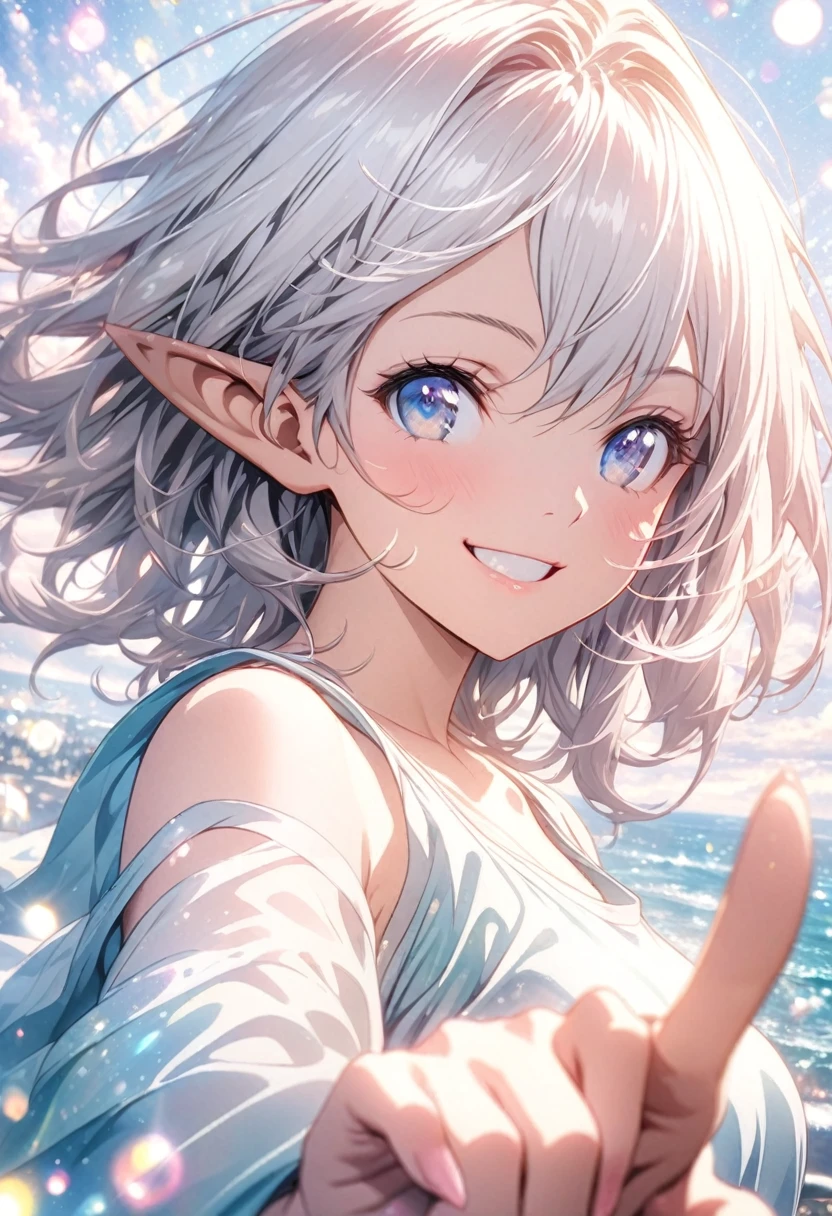 masterpiece, Highest quality, Highly detailed CG Unity 8K wallpapers, High School Girl Anime Illustration. Wear an oversized tank top、Love Dance Solo, Pointing the index fingers of both hands, she has her eyes closed and mouth open, smile. The background is a light pastel colored landscape.., white hair color, blue Eyes, bokeh photography, (soft focus):1.2, out-of-focus highlights, dreamy ambiance, glowing circles, mesmerizing depth, The background is realistic, elf