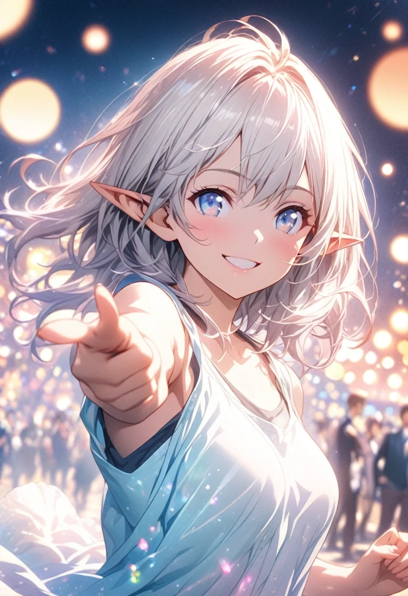 masterpiece, Highest quality, Highly detailed CG Unity 8K wallpapers, High School Girl Anime Illustration. Wear an oversized tank top、Love Dance Solo, Pointing the index fingers of both hands, she has her eyes closed and mouth open, smile. The background is a light pastel colored landscape.., white hair color, blue Eyes, bokeh photography, (soft focus):1.2, out-of-focus highlights, dreamy ambiance, glowing circles, mesmerizing depth, The background is realistic, elf