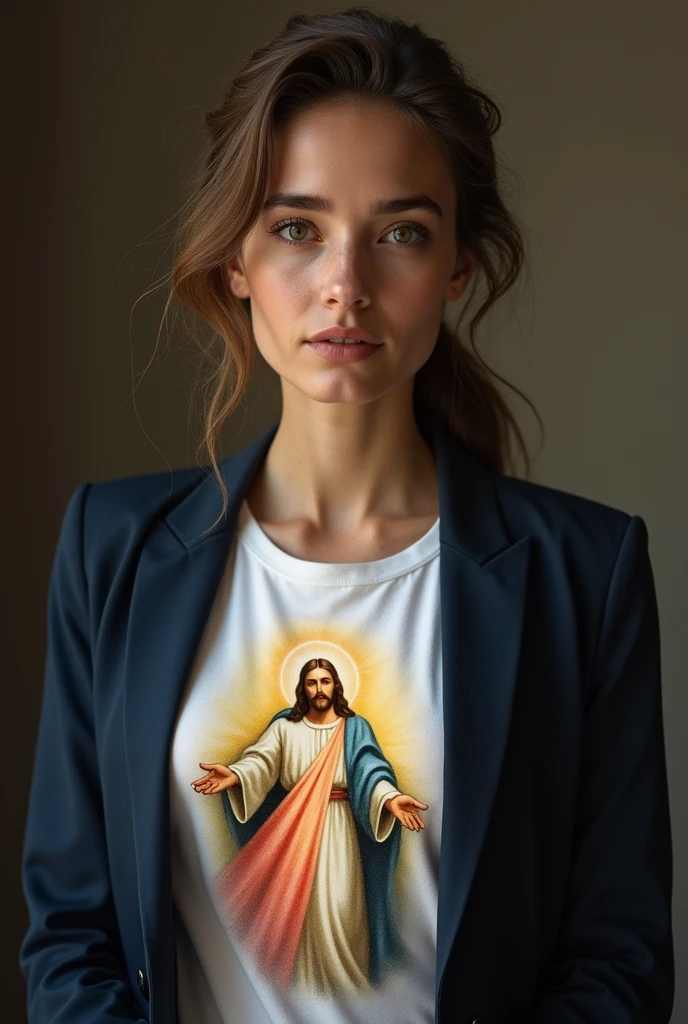 un femme française, 25 ans, en buste qui porte un T-shirt blanc avec une illustration et une veste de type blazer cintré bleu-marine. l'illustration du T-shirt est au niveau de la poitrine. Ce doit être une image représentant Jésus en gloire, imitant les images pieuse et les tableaux religieux du 19ème siècle, avec des rayons lumineux dont certains pailletés autour du personnage principal