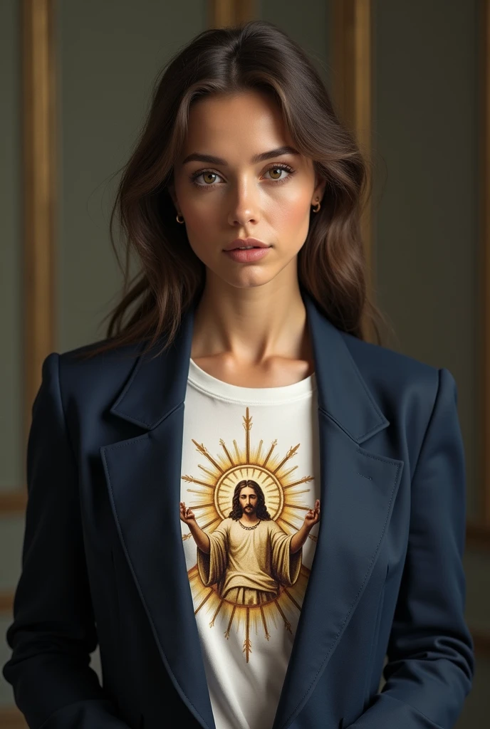 un femme française, 25 ans, en buste qui porte un T-shirt blanc avec une illustration et une veste de type blazer cintré bleu-marine. l'illustration du T-shirt est au niveau de la poitrine. Ce doit être une image représentant Jésus en gloire, imitant les images pieuse et les tableaux religieux du 19ème siècle, avec des rayons lumineux dont certains pailletés autour du personnage principal