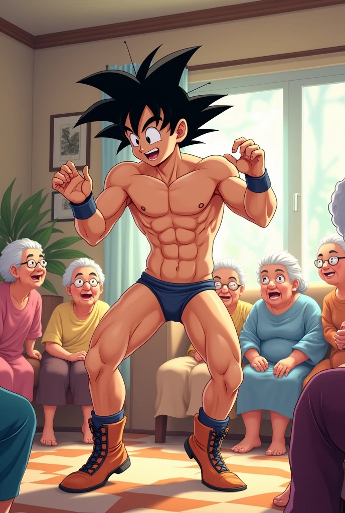 Goku in a thong dancing for a bunch of old ladies 
