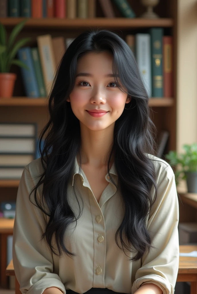 Young asian female teacher with long hair