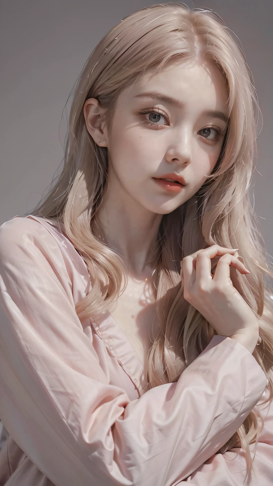 Girl wearing, luxury pink coat, shoulder length hair, wavy hair, glowing skin, star in eye, red lips, grey background, cute poses , upper body, light blonde hair , fully covered clothing.